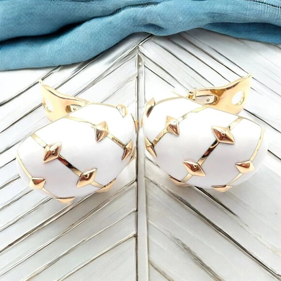 Tiffany & Co Schlumberger Dot Losange 18k Yellow Gold White Enamel Hoop Earrings - Picture 2 of 15